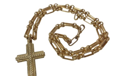 Victorian style 9ct gold chain/necklace with fancy links, and a 9ct gold cross pendant, the chain 60cm.