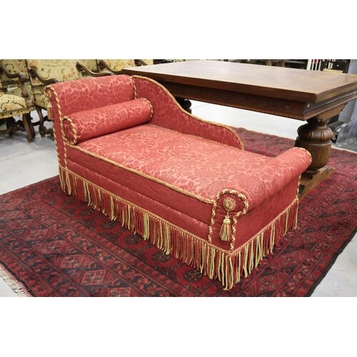 Vintage French chaise lounge, red velour upholstery & fringe...