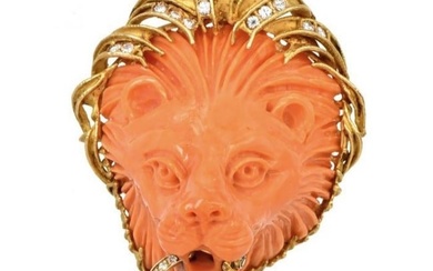 Vintage Italian Coral Lion Head Diamond 18k Gold Pendant
