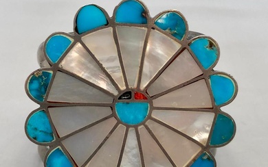 Vintage Turquoise And Mother Of Pearl Inlay Bracelet