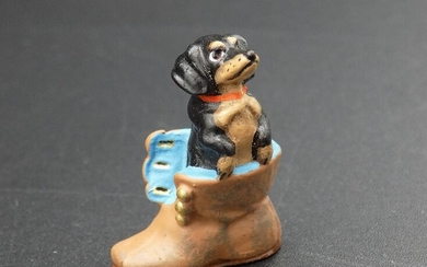 Vintage Vienna bronze dog in shoe. Cold painted