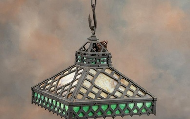 Vintage stained glass Soda Fountain Hanging Light Fixture with metal frame, caramel color with green
