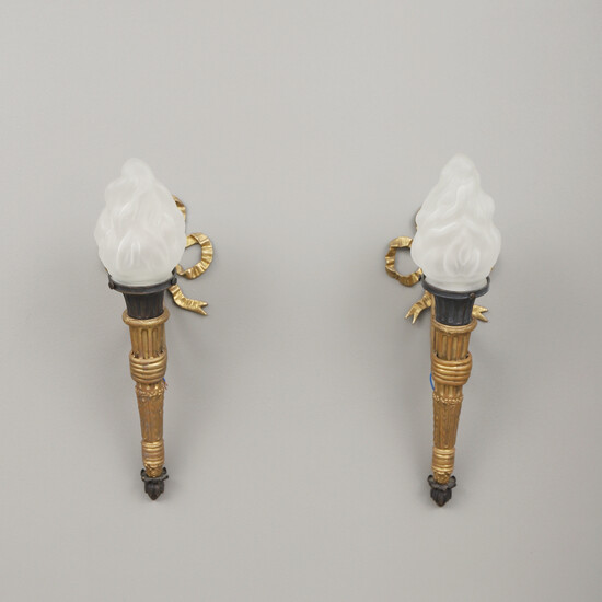 WALL LAMPS, a pair, in the form of torches.