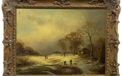 WINTER SCENE WITH FIGURES BY A FROZEN STREAM