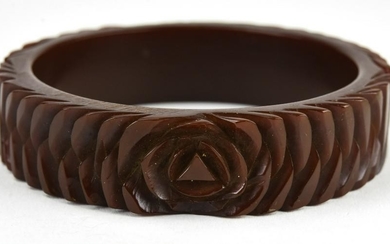 Wide Carved Brown Bakelite Bangle Bracelet