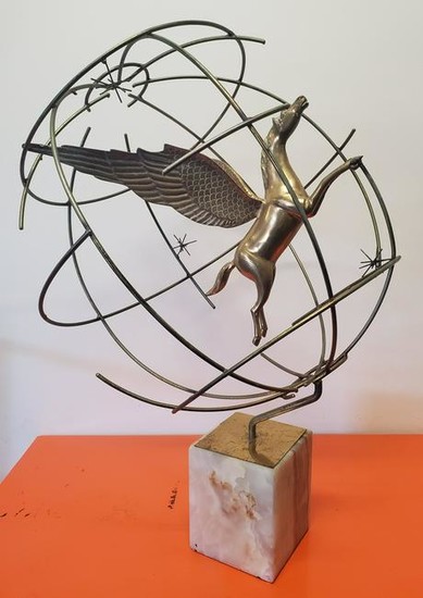 Winged Curtis Jere Pegasus Globe Sculpture With Onix