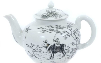 Worcester teapot and cover, circa 1755-56, decorated in monochrome black with the Boy on a Buffalo pattern, 13.5cm high