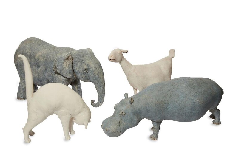 Zoe Whiteside, English, four studio pottery animals, comprising: an elephant, a hippopotamus, a goat and a cat, the elephant 49cm long (4) ARR Provenance: The Geoffrey and Fay Elliot collection.