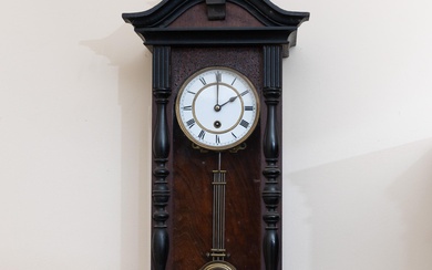 late 19th century German walnut and enamel pendulum wall clock (top finial loose), unwound. height approx 80cm