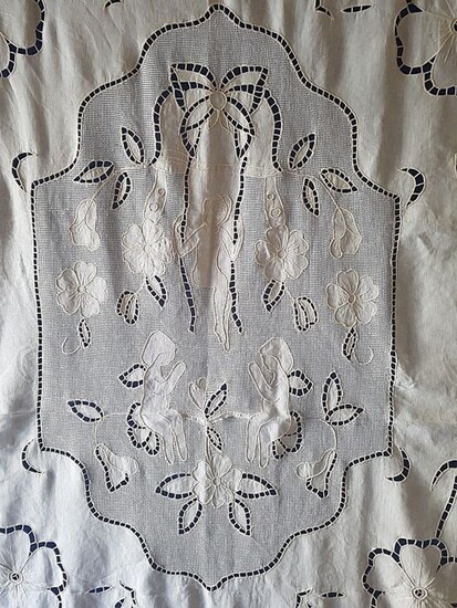 100% linen curtain with hand carving embroidery and Rhodes stitch - 205 x 300 cm - Linen - AFTER 2000