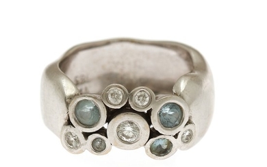Lene Visholm: Diamond and aquamarine ring set with numerous brilliant-cut diamonds and faceted aquamarines, mounted in 14k white gold. Size 54.
