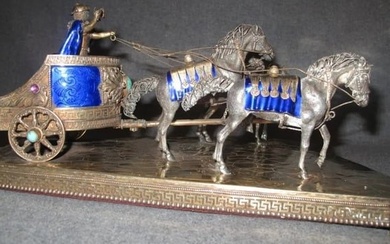 13" Large Antique Rare, Jeweled Sterling Silver & Enamel Chariot pulled by 4 Horses Sculpture