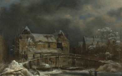 Jacob van Ruisdael (Haarlem 1628/9-1682 Amsterdam), A winter landscape with a view of a town and wooden bridge