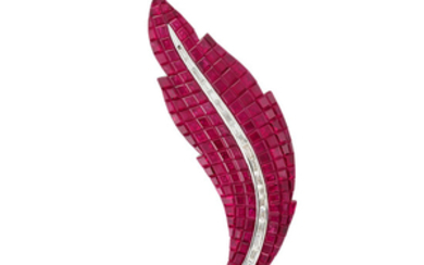 White Gold, Invisibly-Set Ruby and Diamond Leaf Brooch, Alexis
