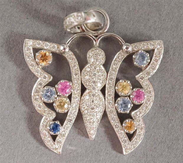 14-Karat White-Gold, Diamond and Multicolor Gem Set 'Butterfly' Pendant, 4.5 gross dwt, L: 1-1/2 in