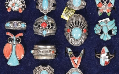 14 SOUTHWEST STYLE STERLING & TURQUOISE RINGS