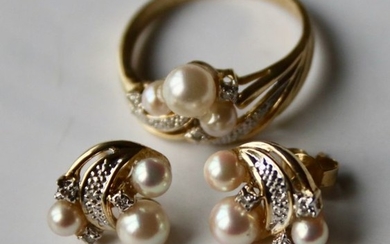 14 kt. Gold - Earrings, Ring - 0.45 ct Pearl - Akoya pearls - Excellent luster