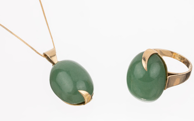 14 kt gold nephrite-jewelry set , YG 585/000, comprised of:...