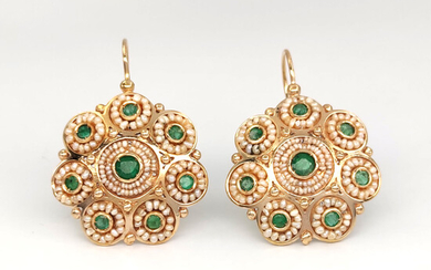 14 kt.Yellow gold - Earrings - 2.00 ct Emeralds - Pearls