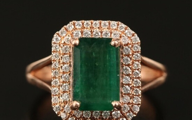 14K Rose Gold 2.58 CT Emerald and Diamond Double Halo Ring