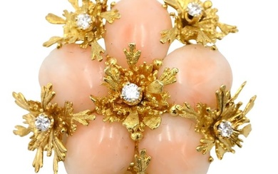 14K Yellow Gold Pin having Salmon Colored Coral and Diamonds
