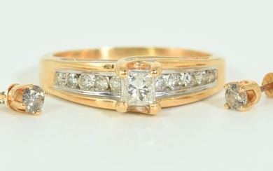 14K Yellow Gold and Diamond Ring and Earrings Set.