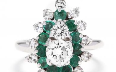 14KT White Gold, Diamond, and Emerald Ring