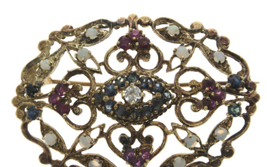 14k Gold Diamond, Ruby, Sapphire and Opal Brooch Pendant.