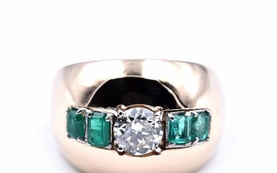 14k Yellow Gold Diamond and Emerald Wide Domed Ring
