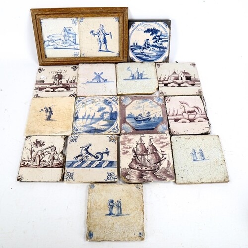 16 Dutch Delft blue manganese and white pottery tiles, vario...