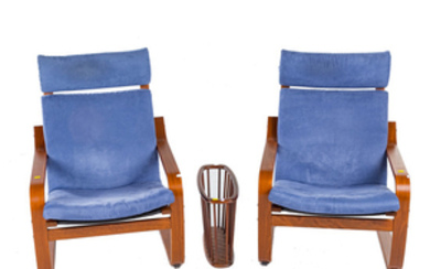 Pair of Ikea teak lounge chairs & magazine rack