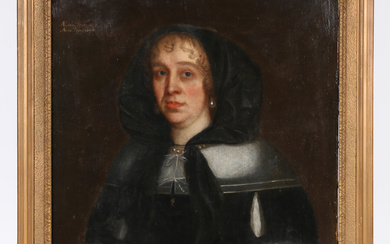 17TH CENTURY ENGLISH SCHOOL OIL ON CANVAS PORTRAIT OF A LADY DATED 1674.