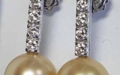 18 kt. Golden south sea pearls, White gold, 13.00 mm - Earrings - Diamonds