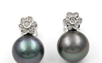 18 kt. Saltwater pearls, Tahitian pearl, White gold - Earrings Diamond