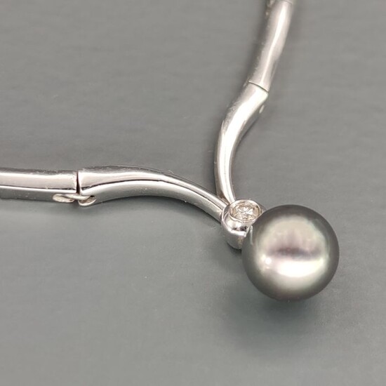 18 kt. Tahitian pearl, White gold, 9 mm - Necklace with pendant - Diamond