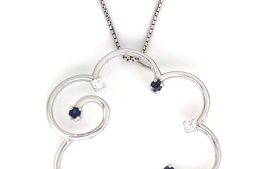 18 kt. White gold - Necklace with pendant - 0.15 ct Sapphires - 0.15 ct Diamonds