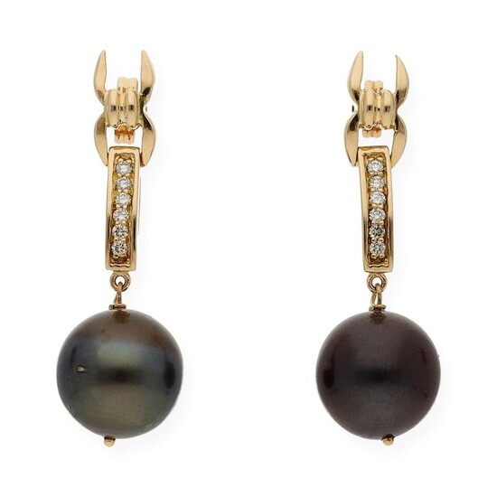 18 kt. Yellow gold - Earrings - 0.40 ct Diamond - Tahitian pearls
