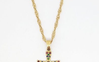 18 kt. Yellow gold - Necklace with pendant - 0.27 ct Ruby - Emeralds, Sapphires