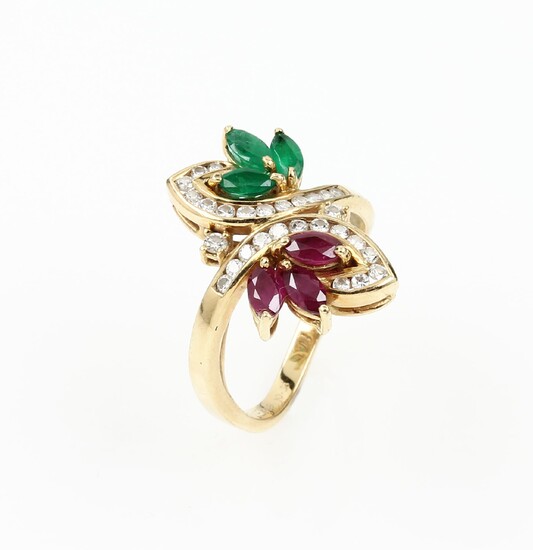 18 kt gold ring with coloured stones...