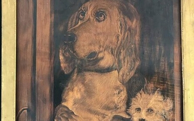 1879 Folk Art Carved Panel Of 2 Dogs by J. Robinson