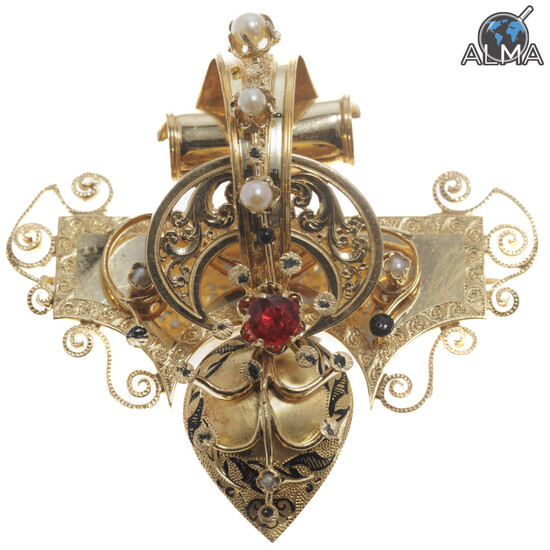 18K Gold Victorian Brooch Integrated w/ Red Stone, Pearls & Enamel
