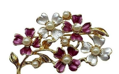 18KTGP Floral Brooch with Inlaid White Pearl Accents with Pink and White Coloured Petals