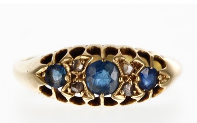 18ct yellow gold sapphire and diamond claw-set ring, width 7...