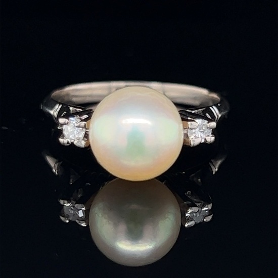 18k Diamond Pearl Art Deco Engagement Ring