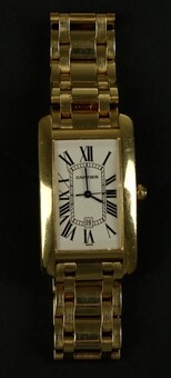 18k YELLOW GOLD RECTANGULAR WRISTWATCH WITH DATE, Cartier TANK AMERICAINE,...