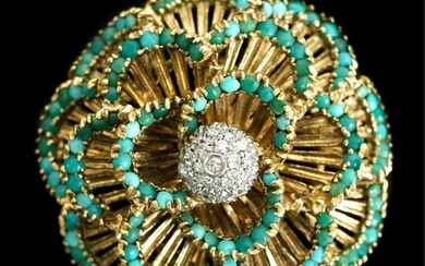 18k Yellow Gold Turquoise & Diamond Pin Brooch