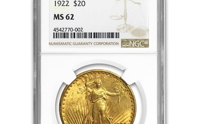 1922 $20 Saint-Gaudens Gold Double Eagle MS-62