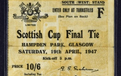 1947 SCOTTISH CUP FINAL MATCH TICKET DATE 19 APRIL AT HAMPDEN PARK IS LAMINATED APPEARS CREASED