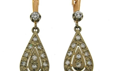 1970s DIAMOND TWO-TONE GOLD DANGLE EARRINGS Soviet