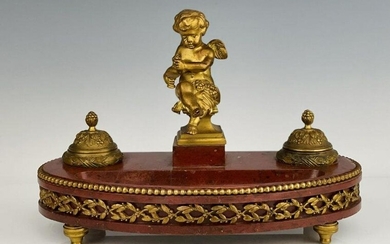 19TH C. DORE BRONZE AND ROUGES MARBLE INKWELL